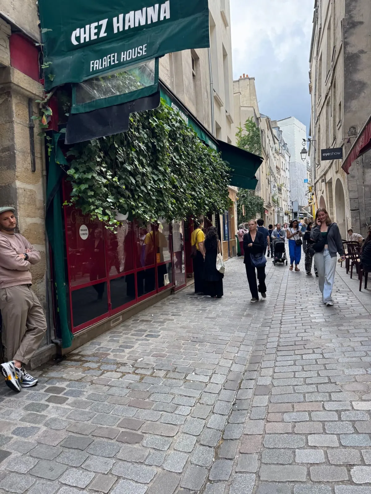 Chez Hanna falafel house on a cobbled street of the Pletzl